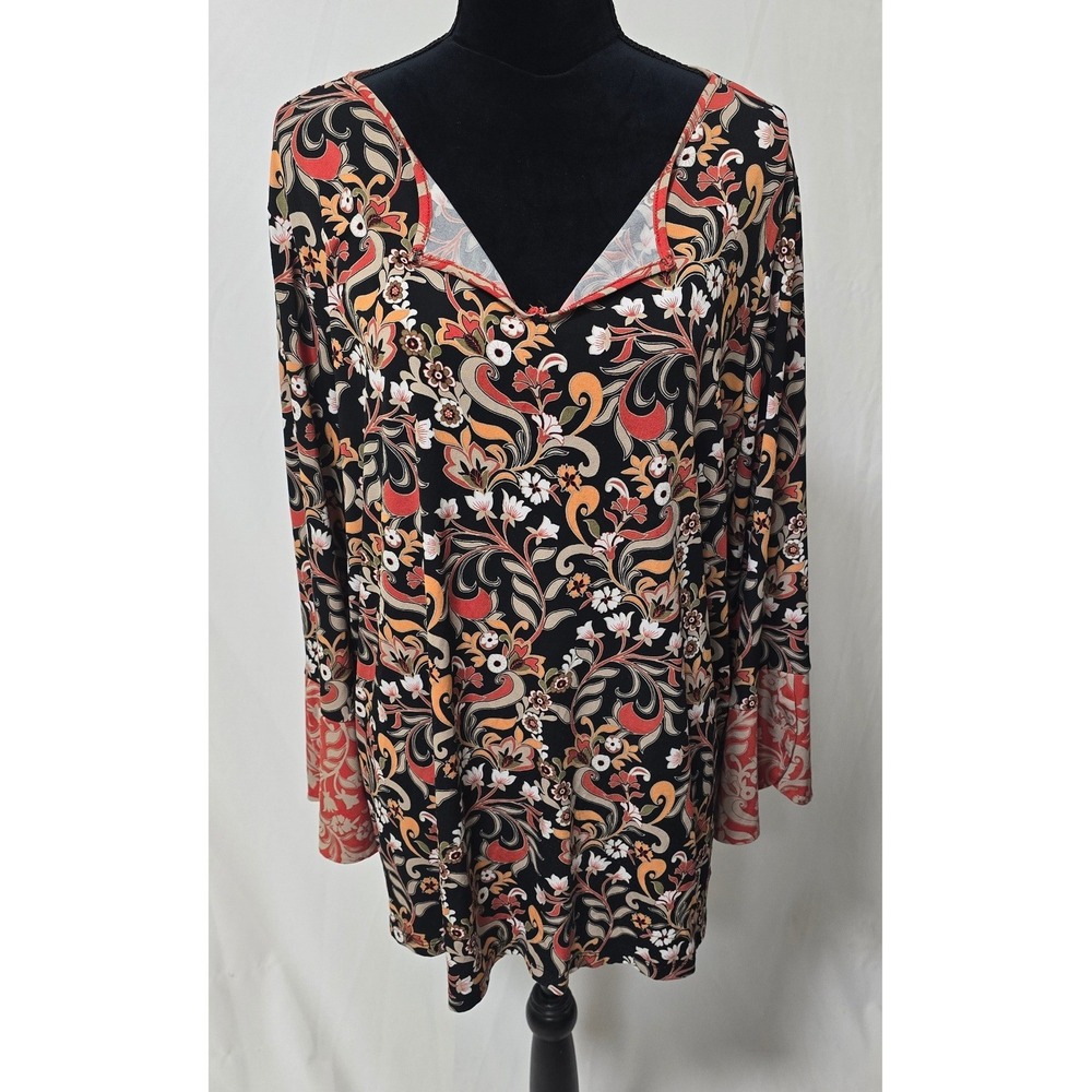 Susan Graver women plus size 1X long bell sleeve blouse floral boho‎ tunic